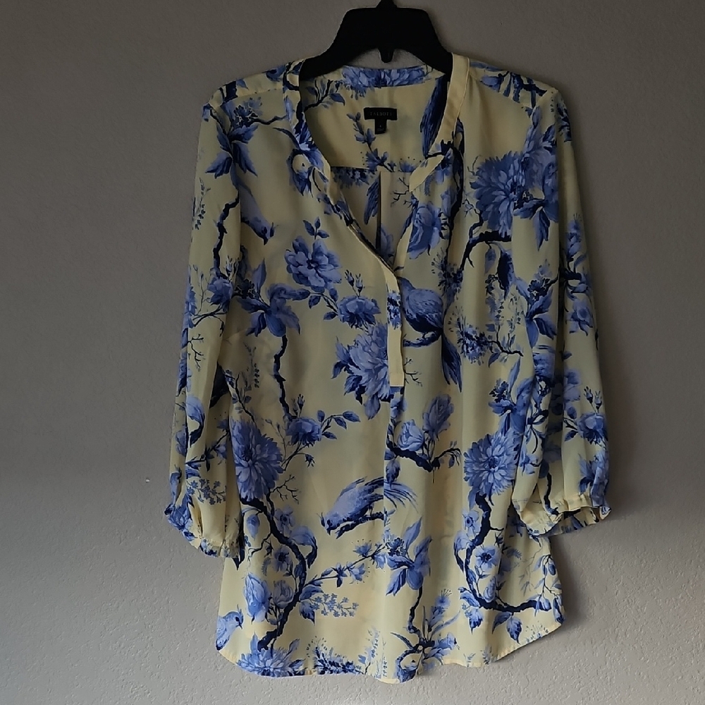 Talbots Yellow Blouse with Blue Bird‎ And Floral Print Large